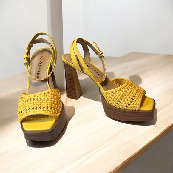 Katy Perry Womens Yellow Woven Block Heeled Sandals With Ankle Strap & Buckle Cl - Picture 2 of 6